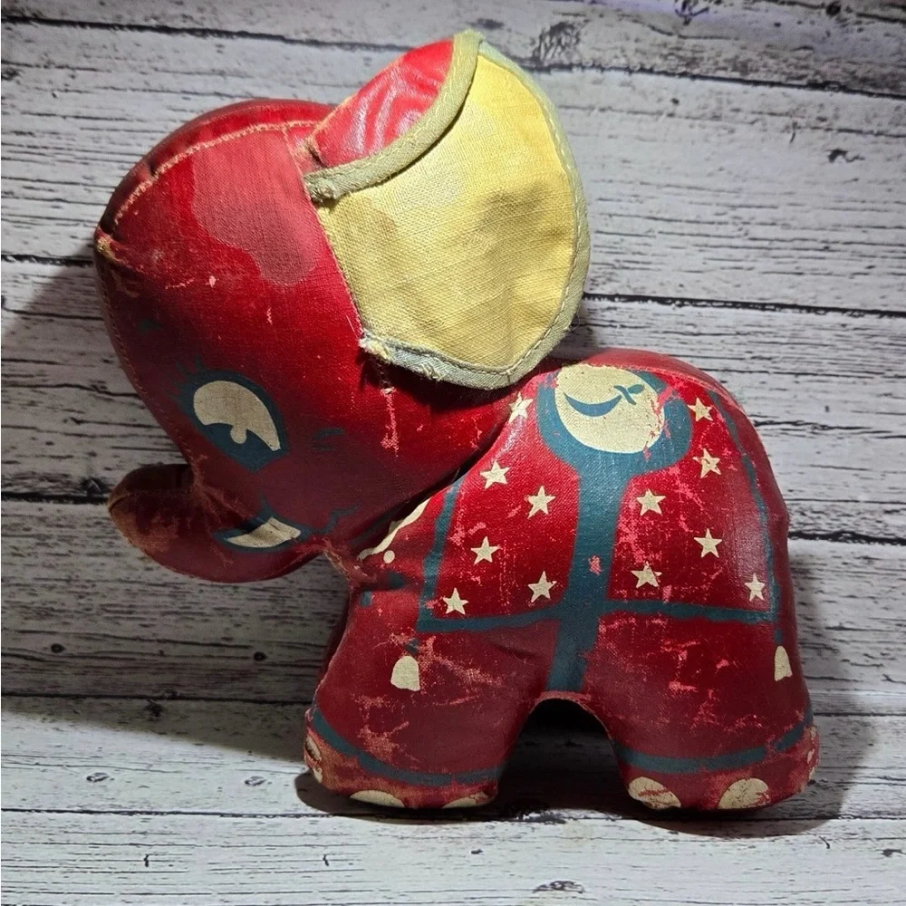 Antique Toy Elephant Fancy Painted Oil Cloth Stuffed Circus Animal. 1940’s